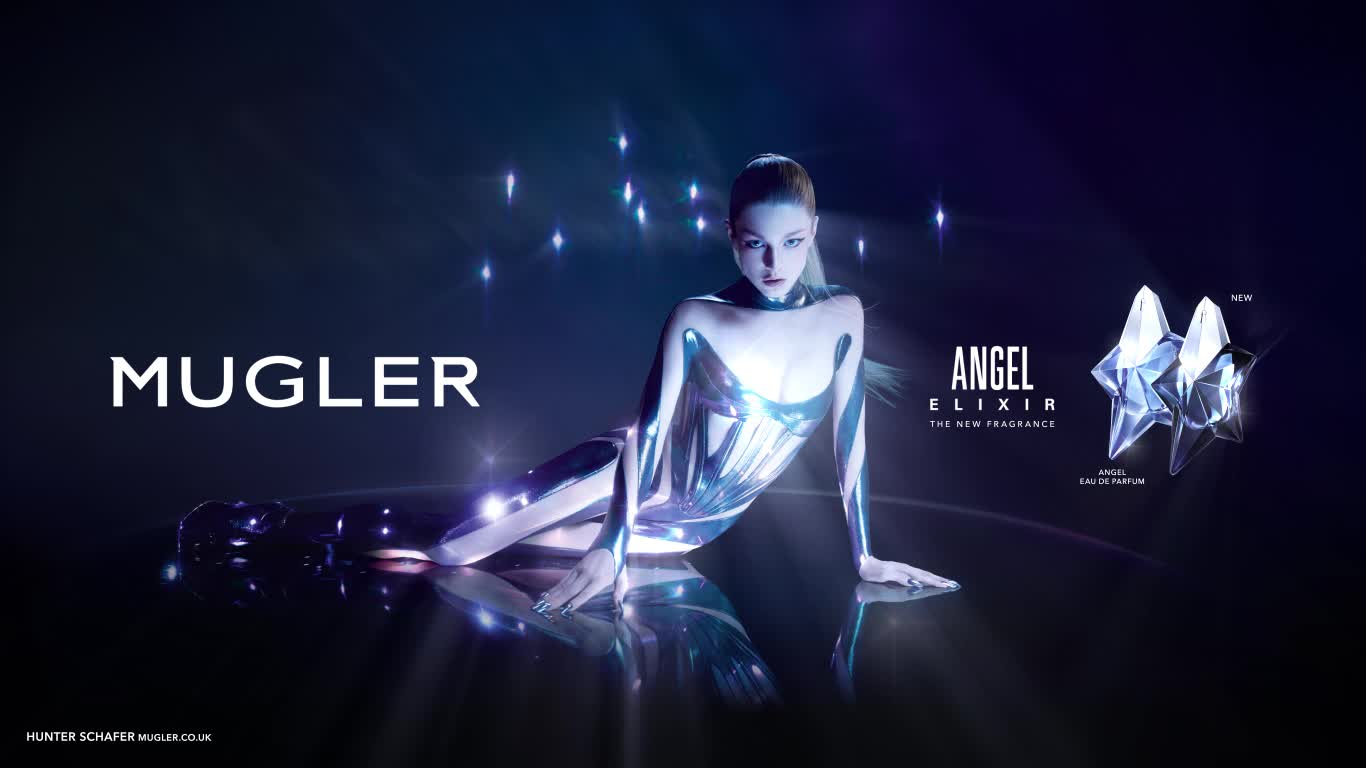 Mugler Angel Elixir: a silver-clad figure against deep blue